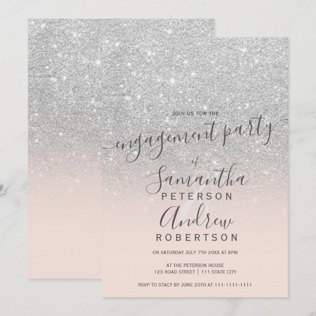 förlovning för  rosa i Silver glitter Inbjudningar (Fram/baksida)