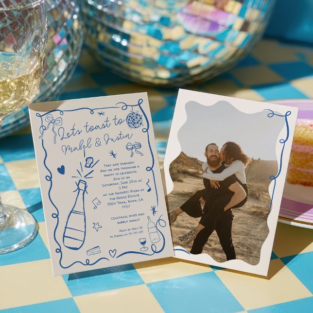 Förlovning med återloppsblått bildat foto i Fransk Inbjudningar (Retro French blue illustrated photo Engagement Invitation)