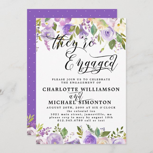 Förlovning om lila och vit Blommigt Inbjudningar (Fram/baksida)
