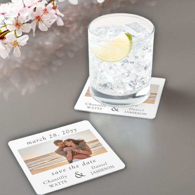 Förlovning Photo Bröllop spara datum Underlägg Papper Kvadrat (Engagement photo save the date coasters by Darling & May)