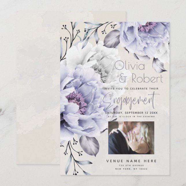FÖRLOVNING | Rustic Lilac och Alabaster Peony Flor Inbjudningar (Fram/baksida)
