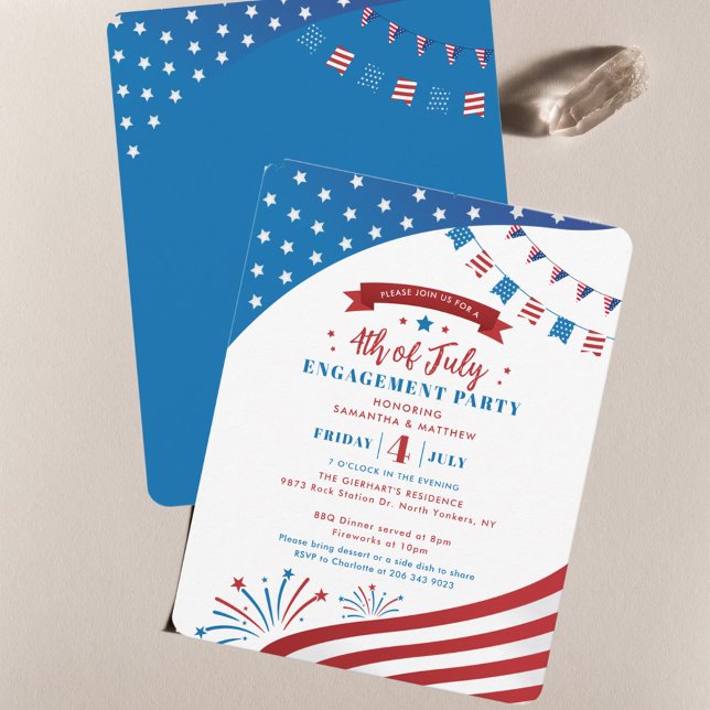 Förlovning Sommaren Party Rött vitt blått 4 juli Inbjudningar (Elegant 4th of July Engagement Party Invitation)