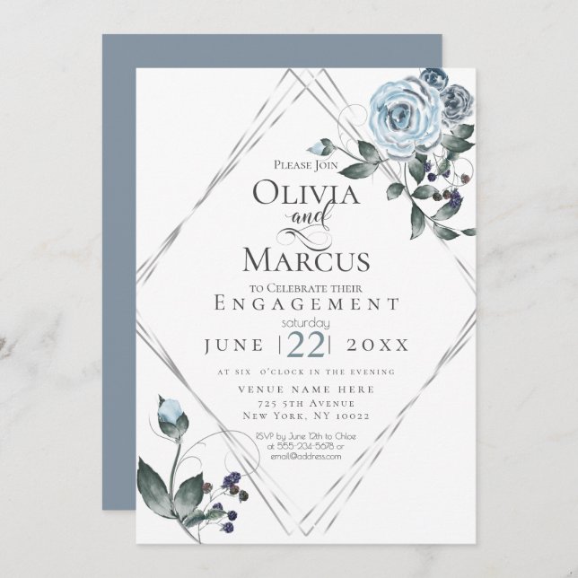 FÖRLOVNING | Vattenskärg Dusty Blue Blommigt Silve Inbjudningar (Fram/baksida)