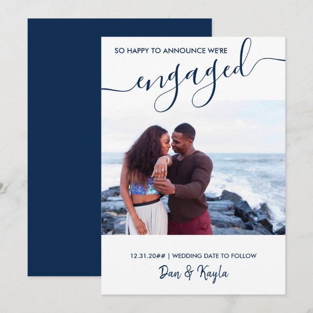 Förlovningen Blått foto och Elegant Meddelande (Fram/baksida)