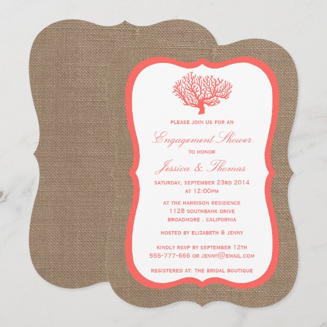 Förlovningen Coral on Burlap Boho Beach Shower Inbjudningar (Fram/baksida)