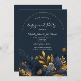 Förlovningen Navy Blåa blommor Guld Löv Inbjudningar