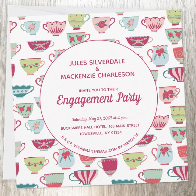 Förlovningen Tea Kopp Modern Vintage Inbjudningar (Vintage retro teacup pattern personalized engagement party invitation)