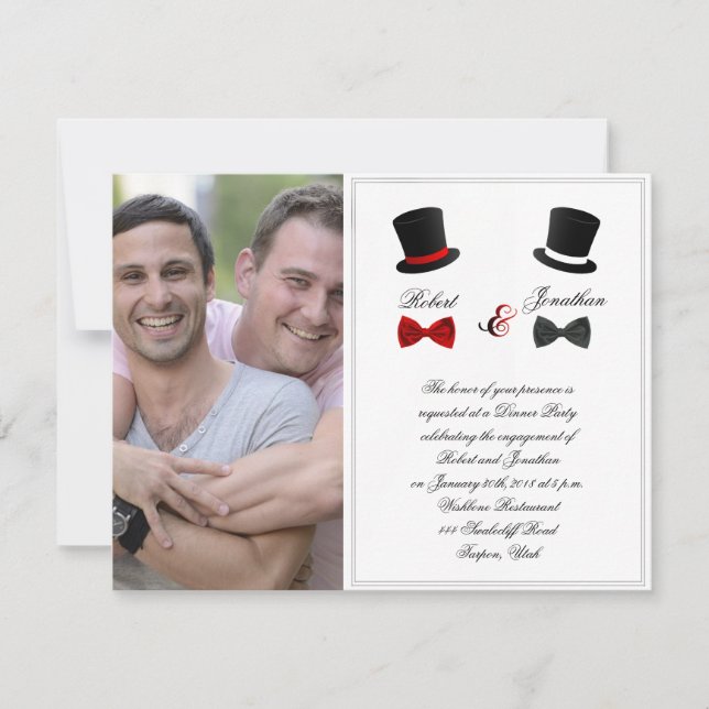 Förlovningen top hat och Bow Ties Gay Bröllop Inbjudningar (Framsida)