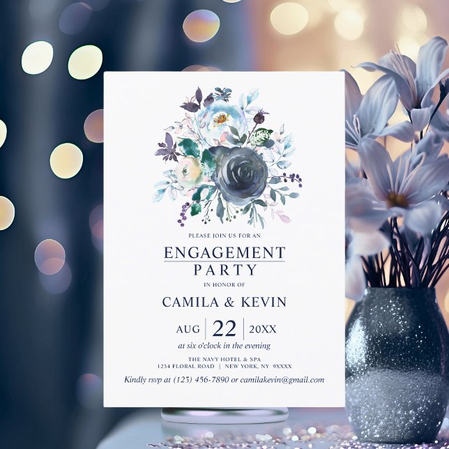 Förlovningsfest av blått marint Blommigt Inbjudningar (Watercolor Blue Navy Floral Engagement Party Invitation)