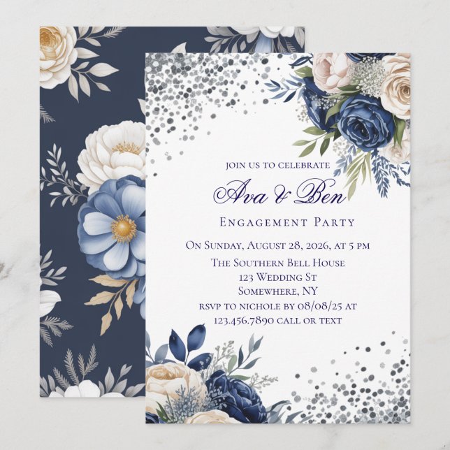 Förlovningsfest av marin blå och ivoriansk Blommig Inbjudningar (Fram/baksida)
