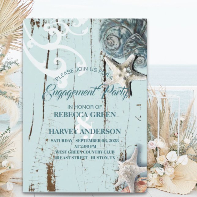 förlovningsfest av strand av vattenbruksblått årsk inbjudningar (aqua blue seashell starfish beach Engagement party Invitation)