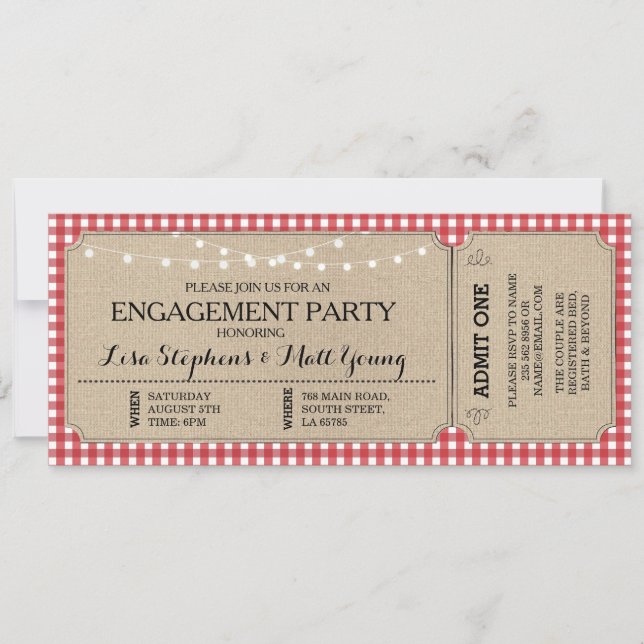 Förlovningsfest Biljett Red Check Rustic Inbjudan (Framsida)