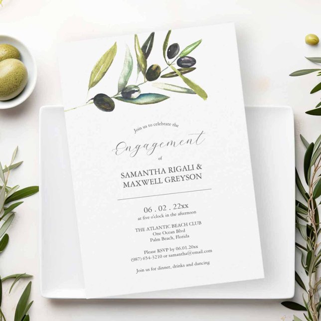 Förlovningsfest Bjud in botaniska olivträd Inbjudningar (Engagement party invitations features unique watercolor olive branch by Victoria Grigaliuanas)