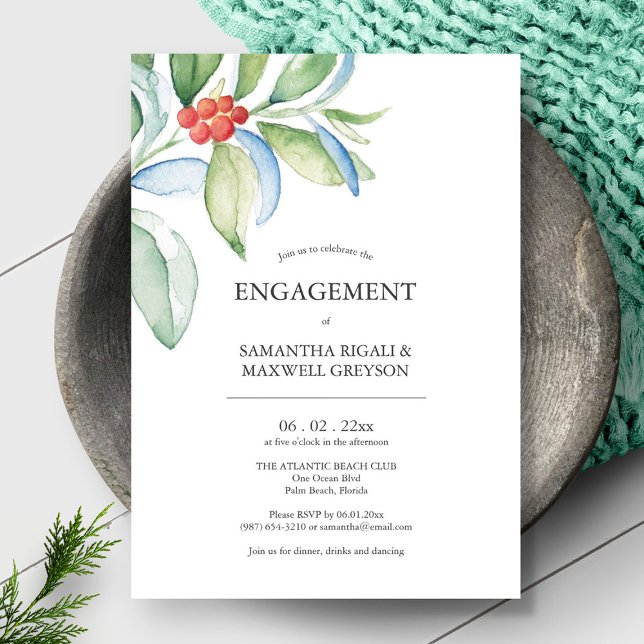 Förlovningsfest bjuder in Festive Greenery Inbjudningar (Christmas theme engagement party invitations unique watercolor art and design  Victoria Grigaliunas)