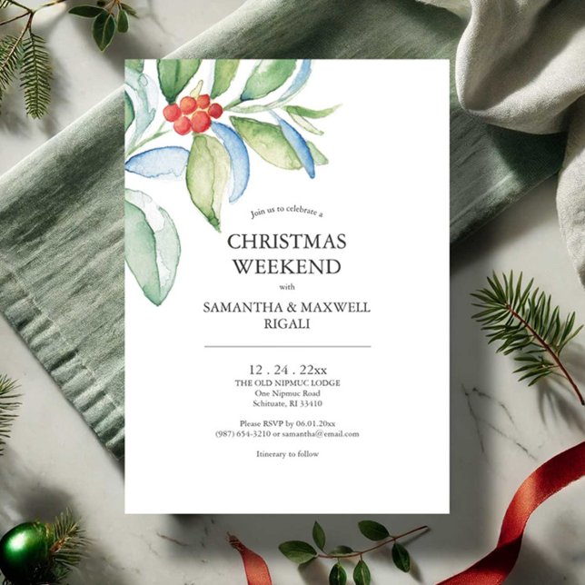 Förlovningsfest bjuder in Festive Greenery Inbjudningar (Christmas weekend invitations features botanical red and green watercolor art Victoria Grigaliunas)