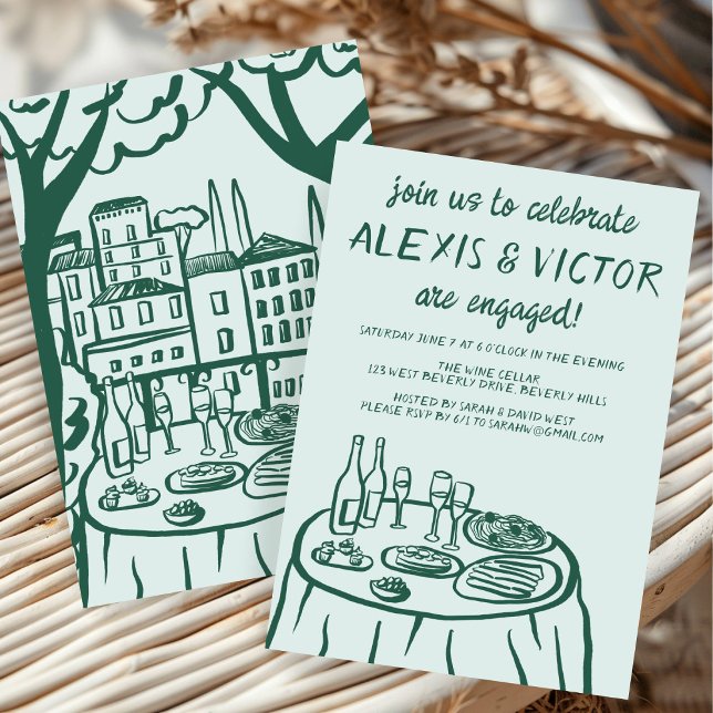 Förlovningsfest för Anpassningsbar av middagssalko Inbjudningar (Whimsical Balcony Dinner Custom Engagement Party Invitation Green Couples Shower Doodle Sketch Cute
)