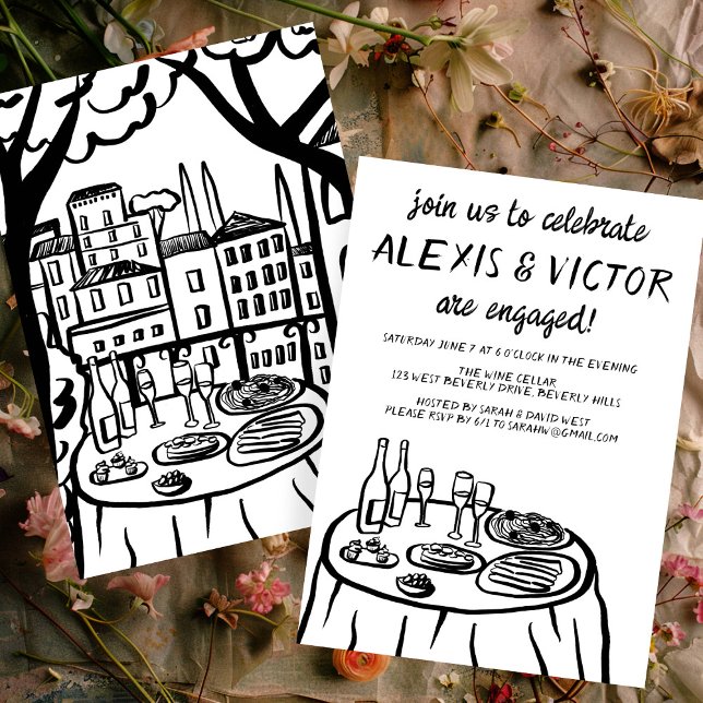 Förlovningsfest för Anpassningsbar av middagssalko Inbjudningar (Whimsical Balcony Dinner Custom Engagement Party Invitation Wine Couples Shower Sketch Doodle Trend
)