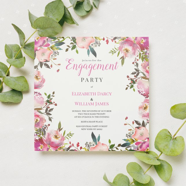 Förlovningsfest för blommigt av botanisk rosa vatt inbjudningar (Botanical pink watercolor floral Engagement Party Invitation )