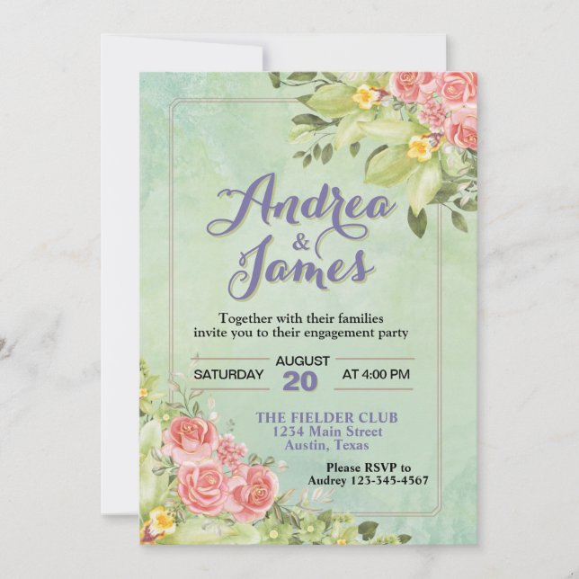 Förlovningsfest för Blommigt av pastellGrönt för e Inbjudningar (Framsida)