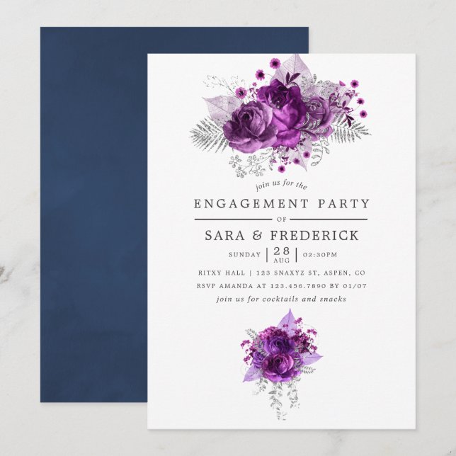 Förlovningsfest för Blommigt av plommon och marin  Inbjudningar (Fram/baksida)