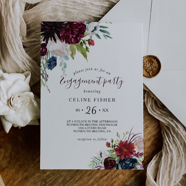 Förlovningsfest för  Blommigt i den moderna burgun Inbjudningar (Skapare uppladdad)