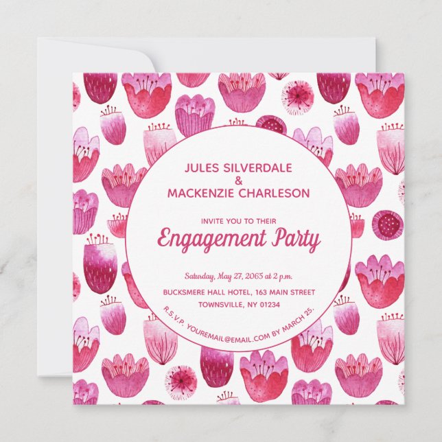 Förlovningsfest för Blommönstret rosa vattenfärg Inbjudningar (Framsida)