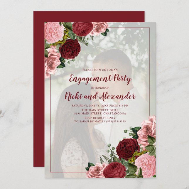 Förlovningsfest för Burgundy  Rosa Blommigt  Foto Inbjudningar (Fram/baksida)