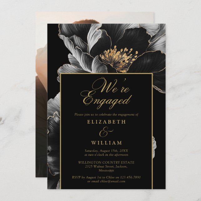 Förlovningsfest för Chic av svart och Guld-Blommig Inbjudningar (Fram/baksida)