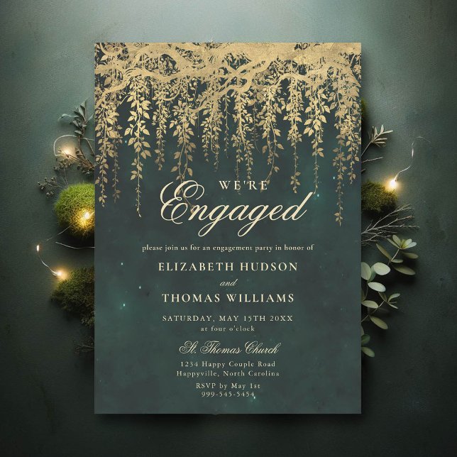 Förlovningsfest för den förtrollade Forest Guld Ch Inbjudningar (engagement party invitation elegant enchanted forest fairytale gold vines calligraphy)