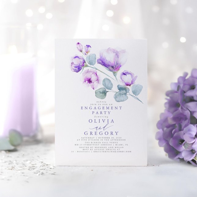 Förlovningsfest för Dusty Lila Blommigt Elegant Inbjudningar (Dusty Purple Floral Engagement Party Invitations)