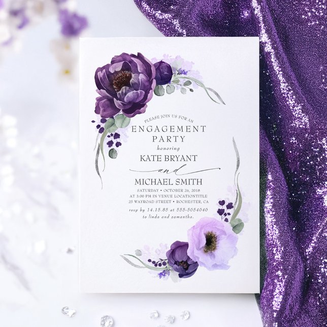 Förlovningsfest för Elegant av Blommigt för Lila a Inbjudningar (Dark Purple Floral Engagement Party Invitations)