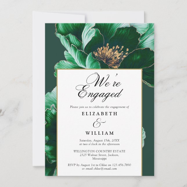 Förlovningsfest för elegant Emerald Grönt Blommigt Inbjudningar (Framsida)