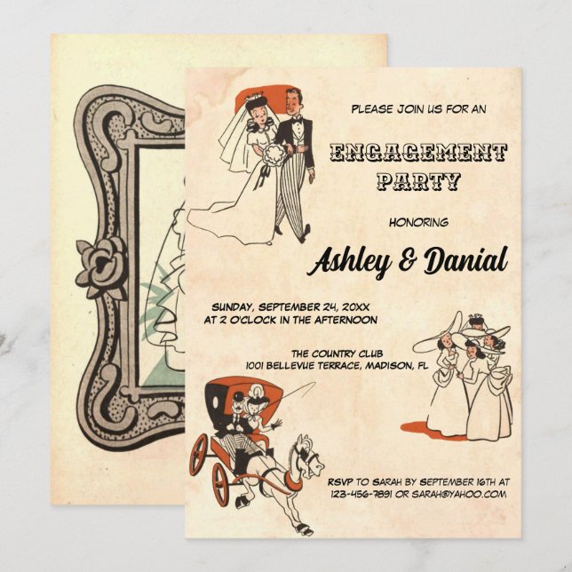 Förlovningsfest för gammalt 50-sekunderstema för v inbjudningar (Fram/baksida)