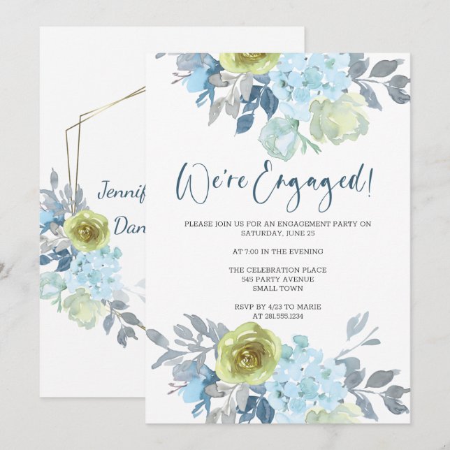 Förlovningsfest för ljusblå Gult Grönt Blommigt Inbjudningar (Fram/baksida)
