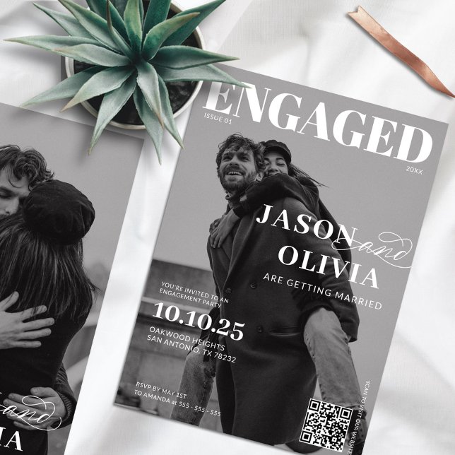 Förlovningsfest för svartvit magasinaomslag inbjudningar (Skapare uppladdad)