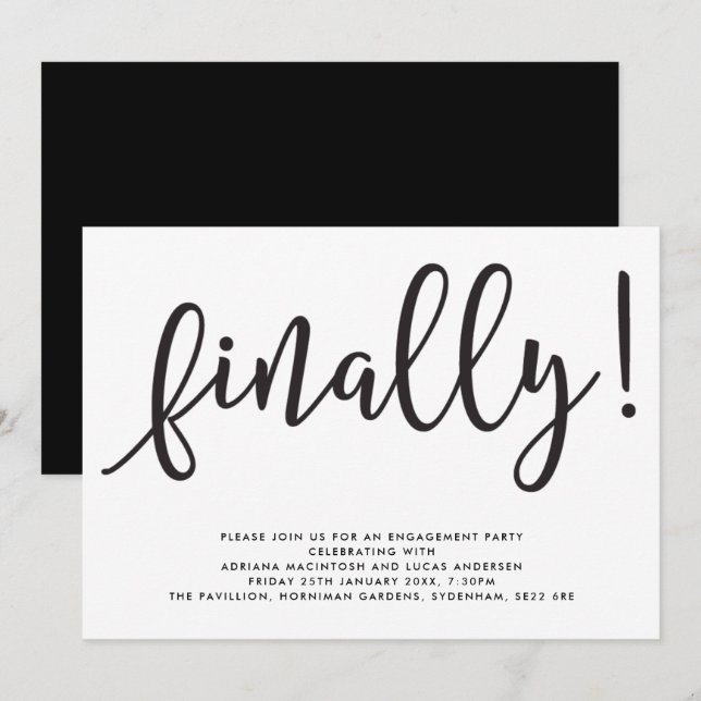 Förlovningsfest för svartvit skript, slutligen inbjudningar (Fram/baksida)