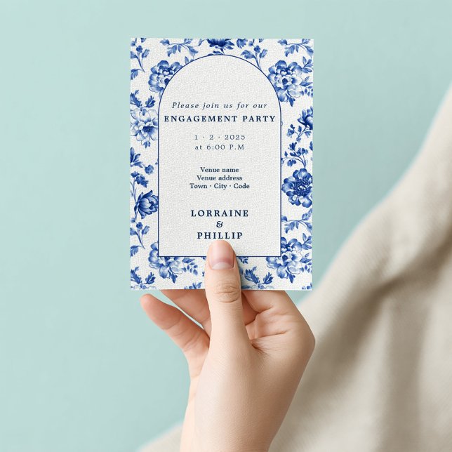 Förlovningsfest för vacker blommigt i programvaruf inbjudningar (Delftware arch, blue and white engagement invitation)