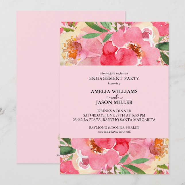 Förlovningsfest för vattenfärgsBlommigt Inbjudningar (Fram/baksida)