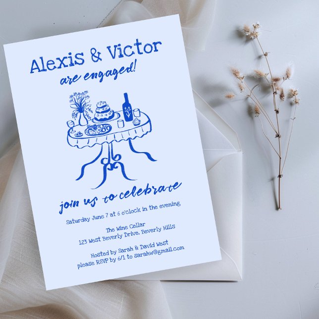 Förlovningsfest för Whimsical Buffet DInner-Anpass Inbjudningar (Whimsical Buffet DInner Custom Engagement Party Invitation Blue Sketch Doodle Cute
)
