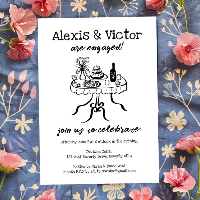 Förlovningsfest för Whimsical Buffet DInner-Anpass Inbjudningar (Whimsical Buffet Dinner Custom Engagement Party Invitation Sketch Doodle Wine)