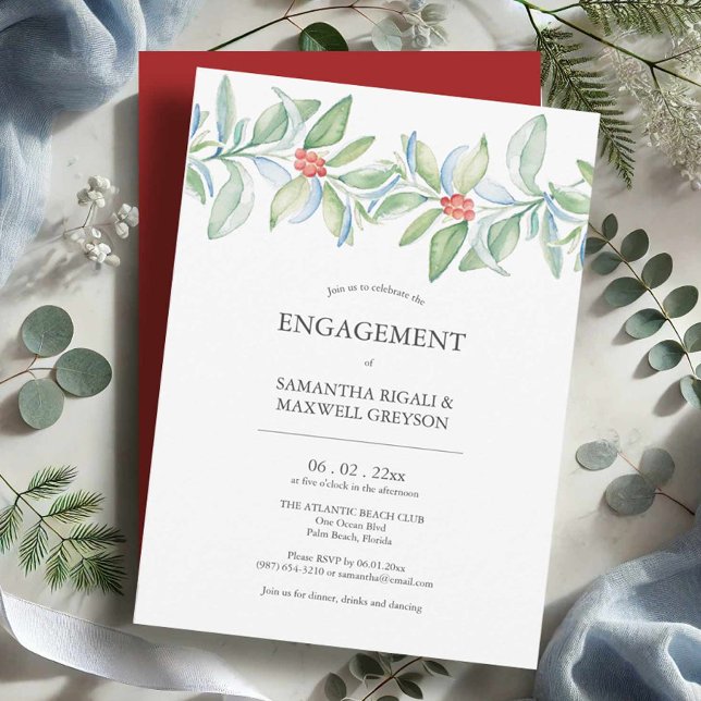 Förlovningsfest Inbjudan till jul Grey (Engagement party invitations watercolor Christmas botanicals by Victoria Grigaliunas Do Tell A Belle)