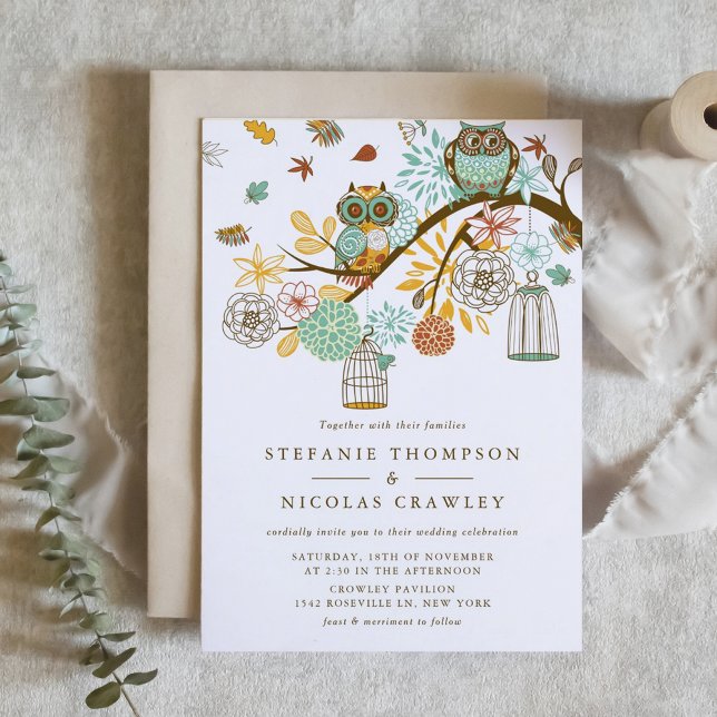 Förlovningsfest inbjudan till  på hösten Uggla (Ornate Owls and Autumn Flowers Wedding Invitation)