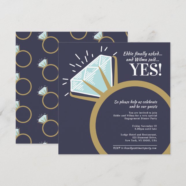 Förlovningsfest med guld ring-grafik inbjudningar (Fram/baksida)