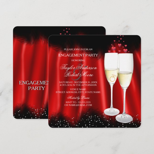 Förlovningsfest Röd Svart Champagne Ring Hjärta Inbjudningar (Fram/baksida)