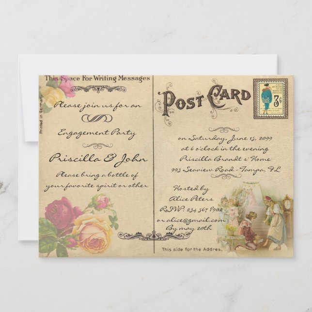 Förlovningsfest vintage, gammal vykortstil inbjudningar (Framsida)