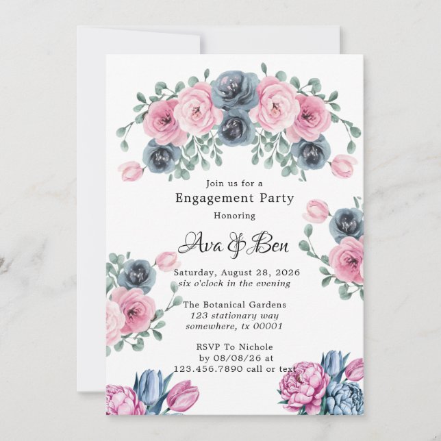 Förlovningsfesten Arch Rosa & Blue Blooms Inbjudningar (Framsida)