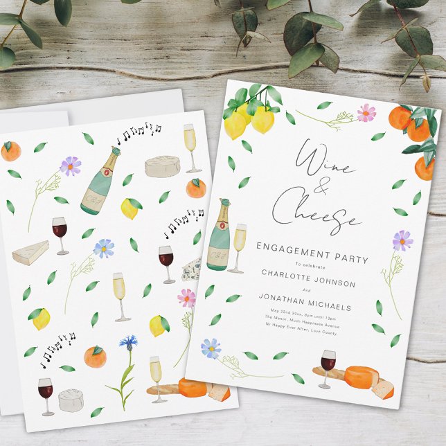 Förlovningsfesten Boho Rustic Vin och Cheese Inbjudningar (Wine and cheese chic boho floral watercolor engagement party invitation)