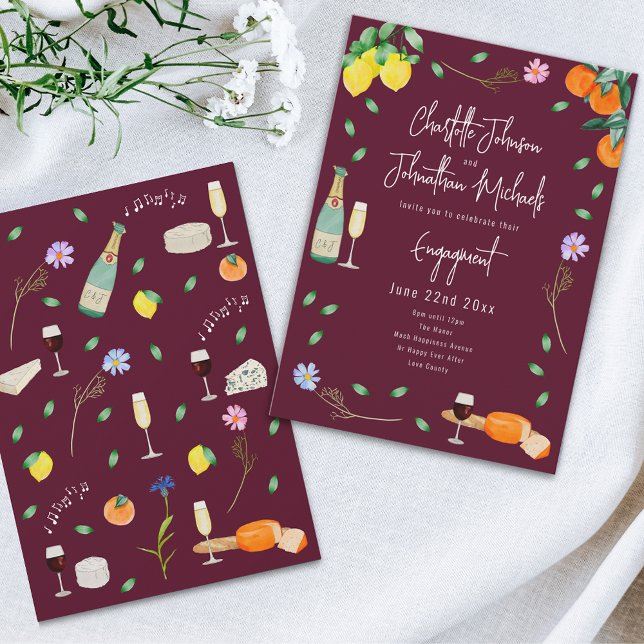 Förlovningsfesten Boho Vin och Cheese Inbjudningar (Wine and cheese watercolor floral burgundy Wedding engagement party invitation)