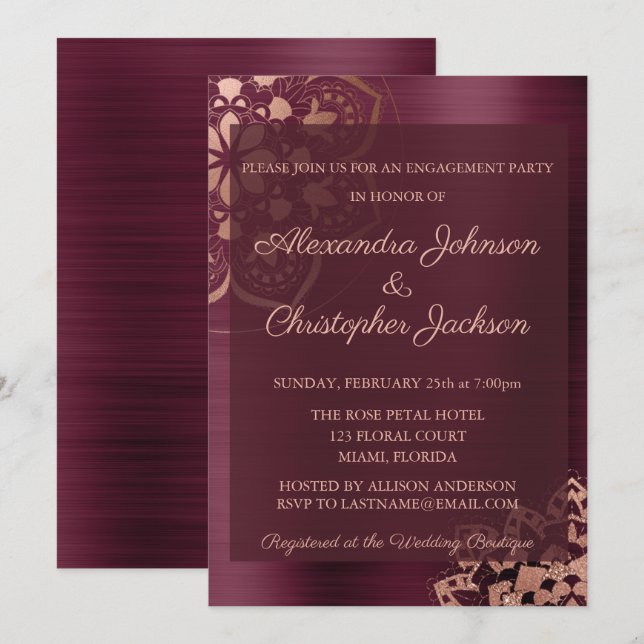 Förlovningsfesten Burgundy & Ro Guld Mandala Inbjudningar (Fram/baksida)