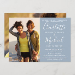 Förlovningsfesten elegant Script Dusty Blue 2 Phot Inbjudningar